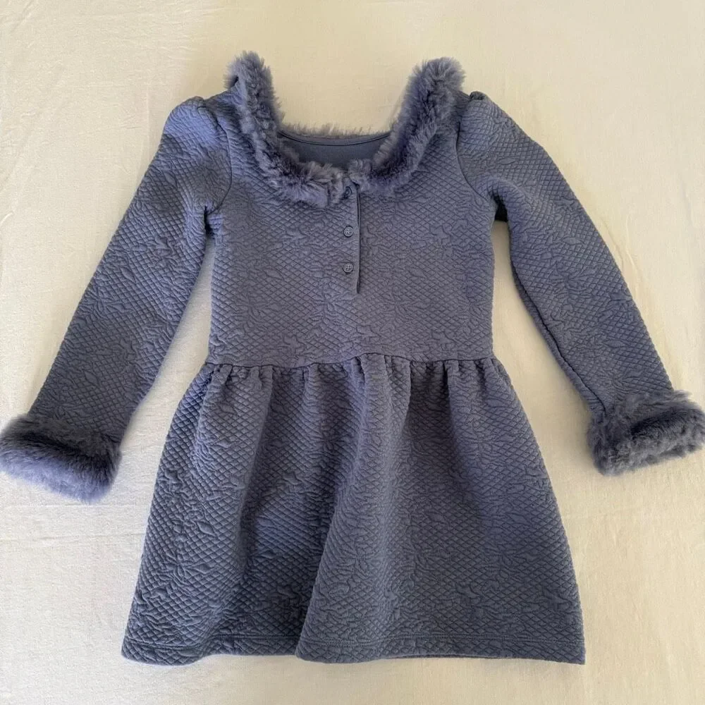 Janie and Jack | Lilac Textured Floral Knit Dress | Faux Fur Trim | Girls 6